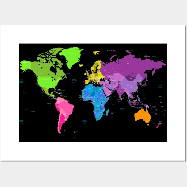 Bright World map listing capital cities Wall Art by EverlastingJourneys